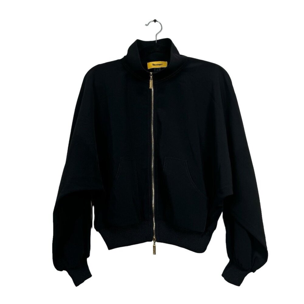 St. John Lightweight Bomber Jacket Gold Tone Zip Black Sz P Yellow Label - riri